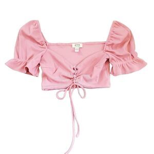 💛 Privy Pink Ribbed Crop Top with Statement Ruffle Sleeves Women's Size Medium